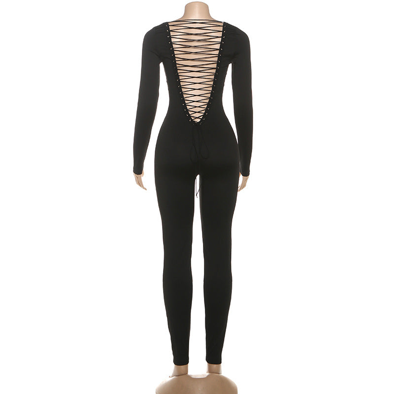 New Womens Fashion Solid-color Sexy Hollow-out Backless Bodycon Jumpsuit