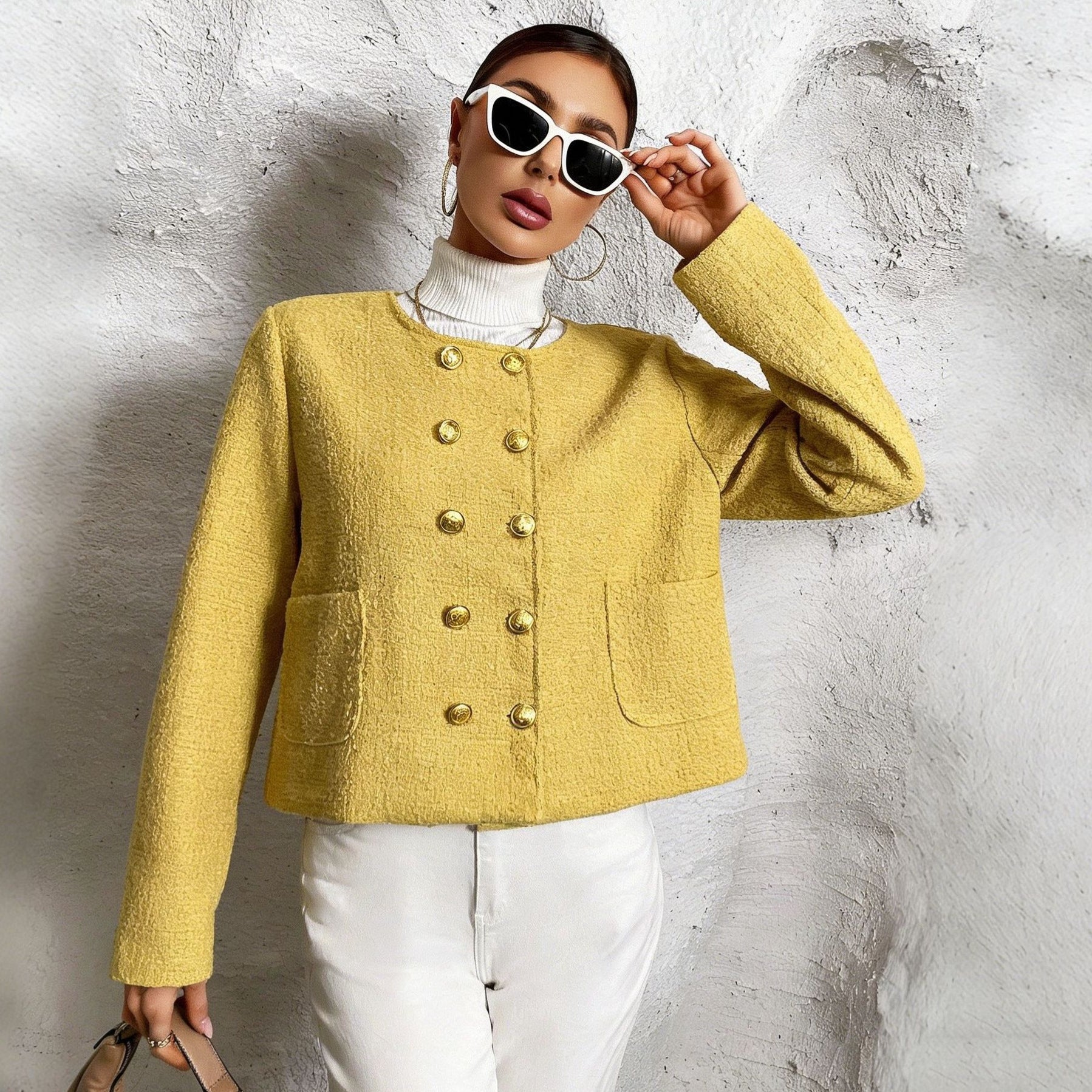 New Popular Womens Slim Fit Chanel Inspired Elegant Coat Yellow