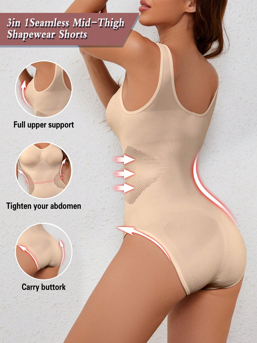 3-in-1 Seamless Mid-Thigh Shapewear Bodysuit Full Upper Support Tummy Control Butt Lift