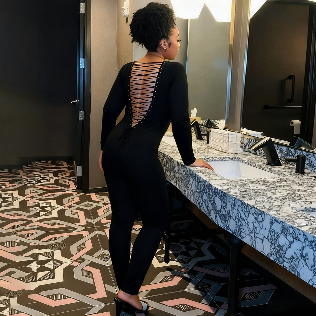 New Womens Fashion Solid-color Sexy Hollow-out Backless Bodycon Jumpsuit