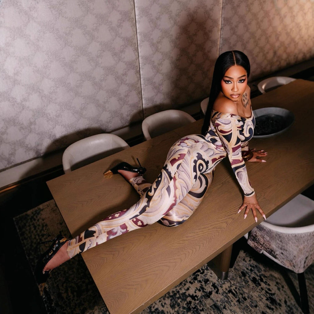 Sexy Print Off-shoulder Cinched Bodycon One-piece Trousers