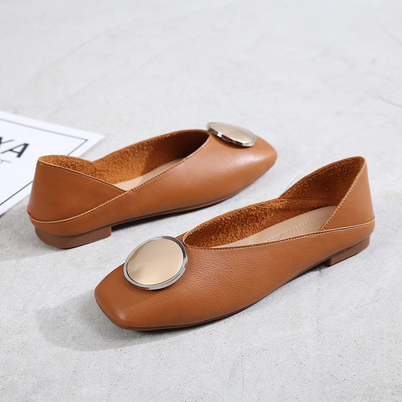 Womens Flats Shoes Ballet Vintage Genuine Leather Metal Circle