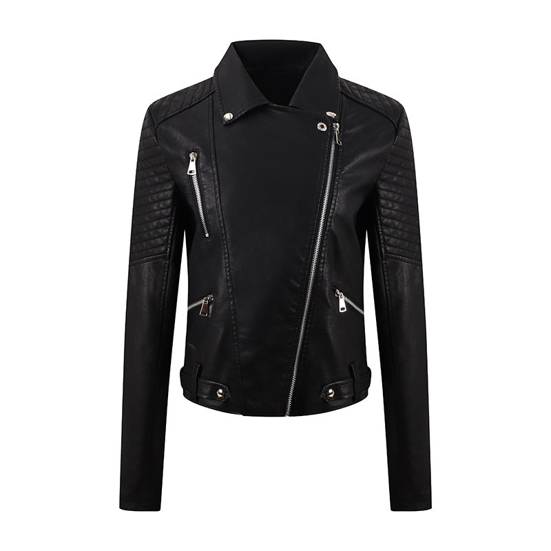 PU Women's Short Leather Oblique Pull Slim Motorcycle Clothing Washed Leather Jacket