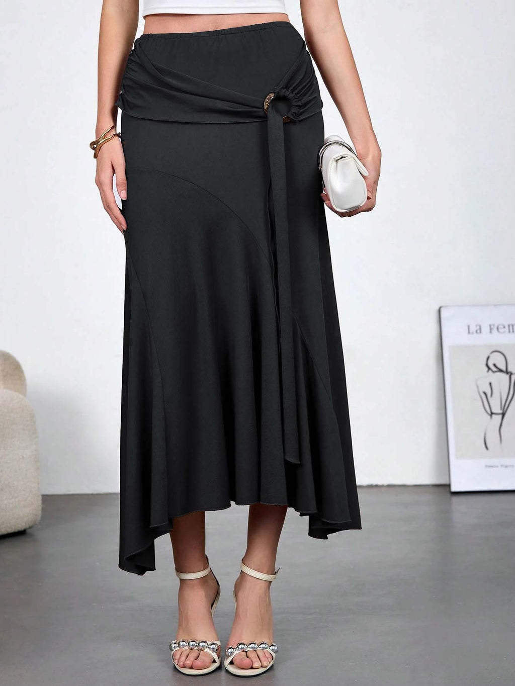 Womens High-Waisted Figure-Hugging Flowy Half Skirt With Ties