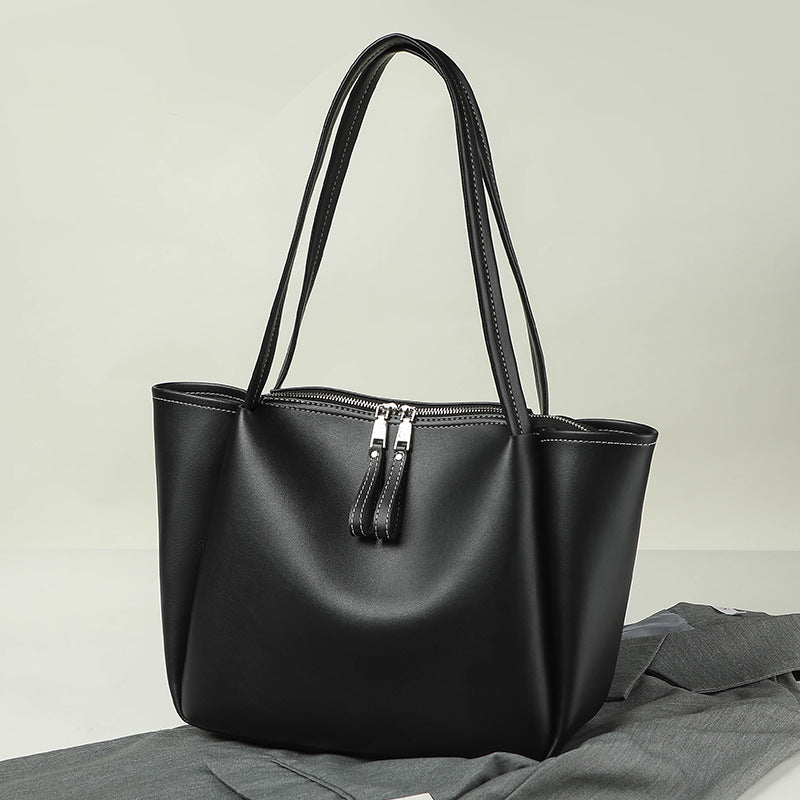 Popular Women's Large-capacity Soft-leather Shoulder Bag Black
