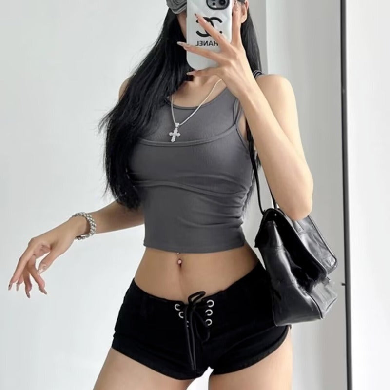 Black Spicy-girl-style Low-rise Denim Shorts For Women Summer Season