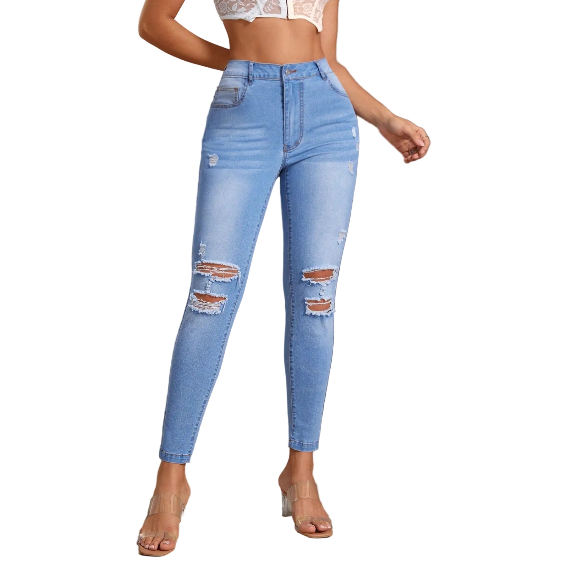 Elastic Slim-fit Women's Stylish Ripped Jeans