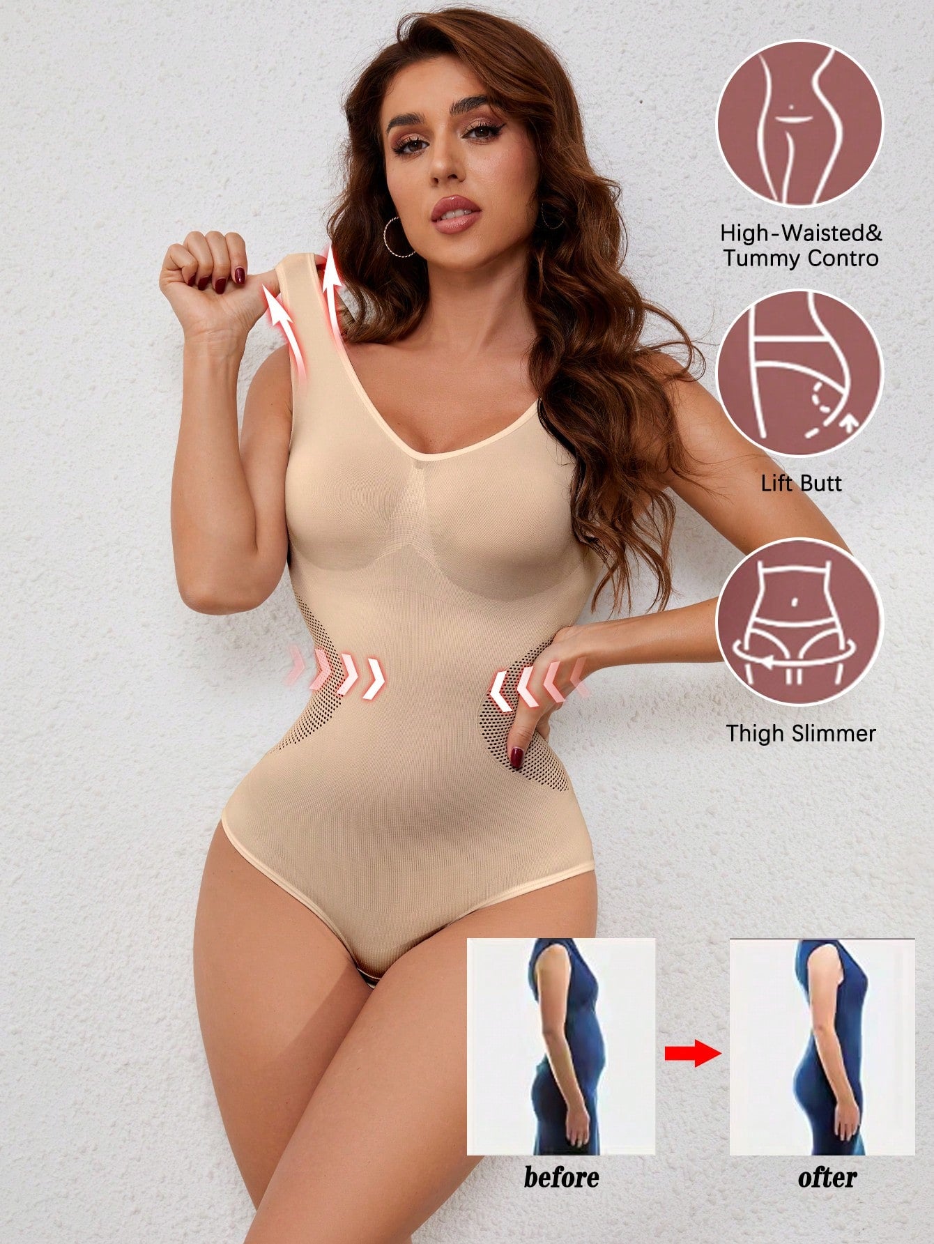 3-in-1 Seamless Mid-Thigh Shapewear Bodysuit Full Upper Support Tummy Control Butt Lift