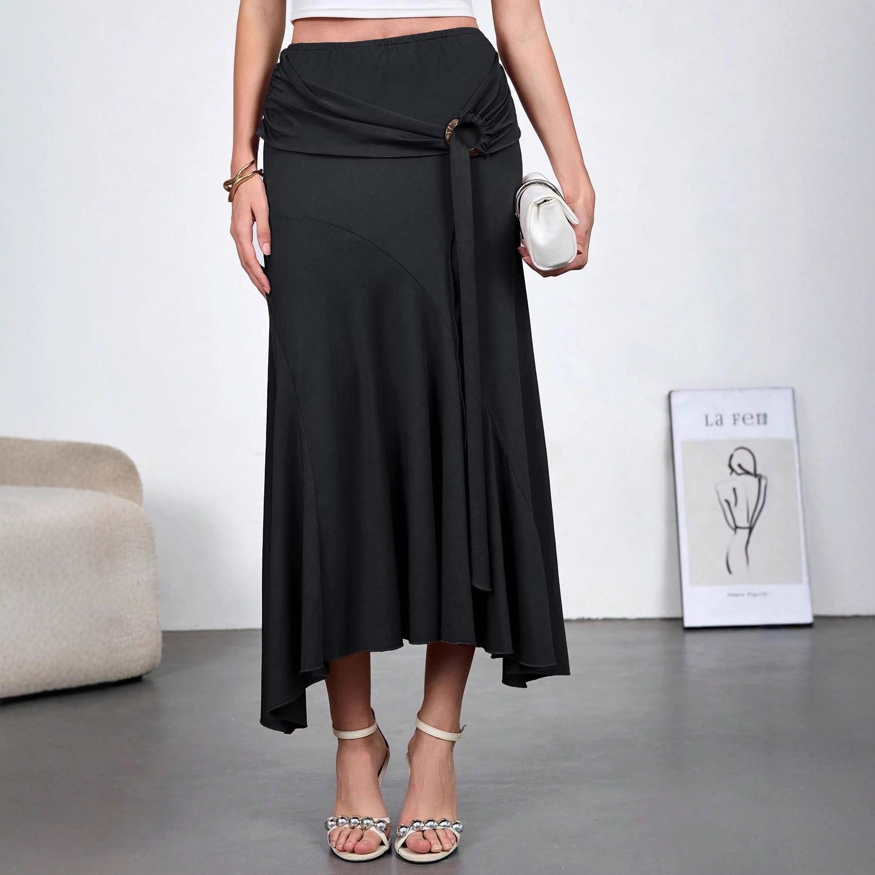 Womens High-Waisted Figure-Hugging Flowy Half Skirt With Ties