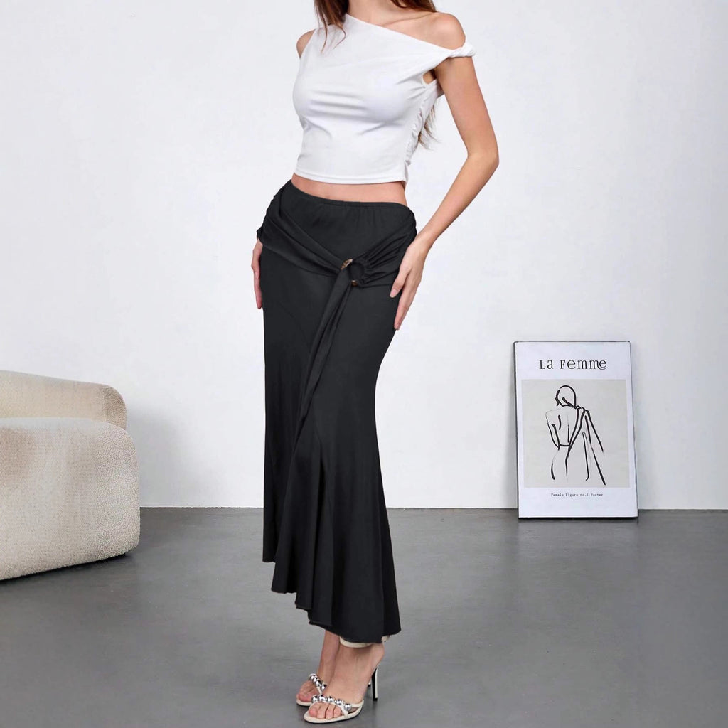 Womens High-Waisted Figure-Hugging Flowy Half Skirt With Ties