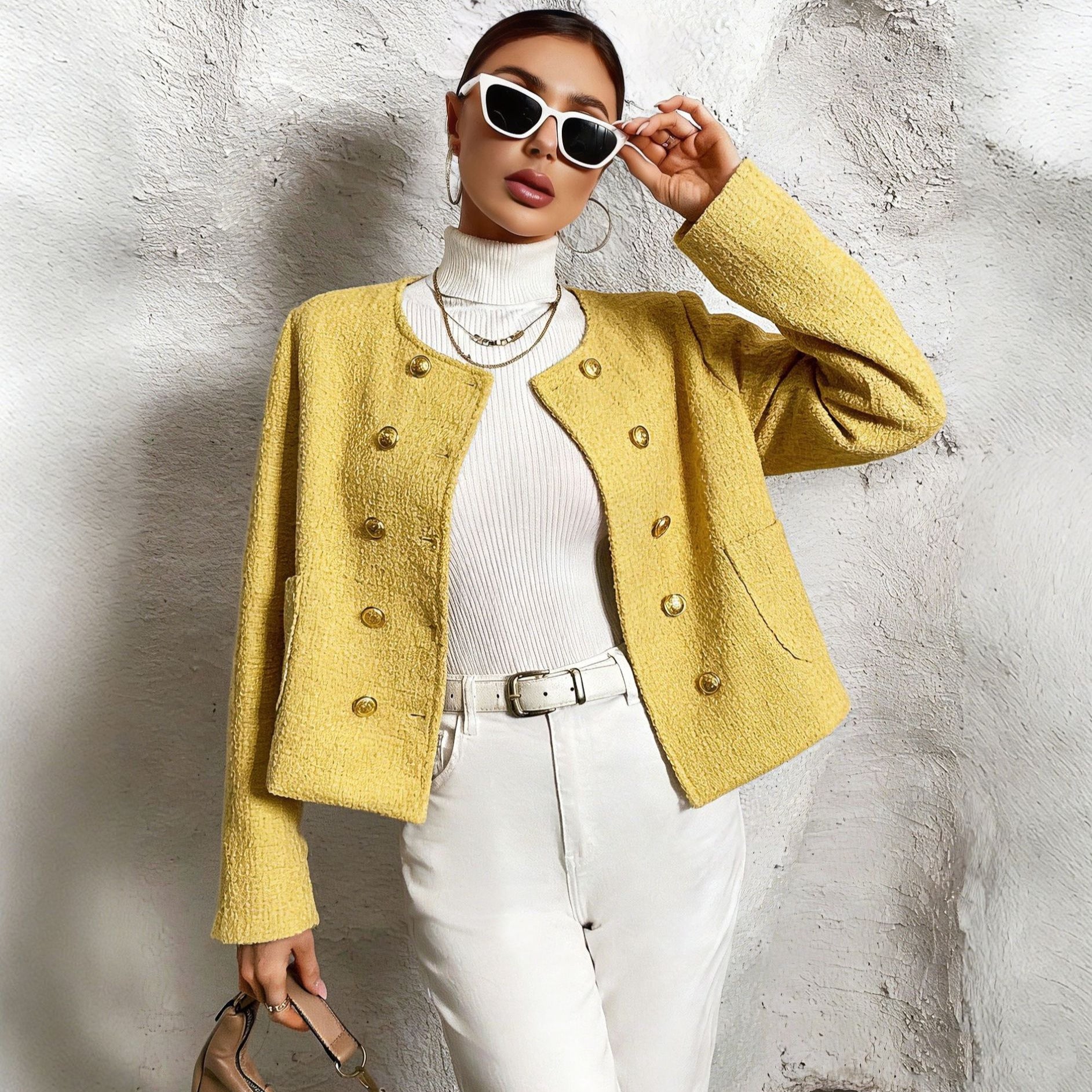 New Popular Womens Slim Fit Chanel Inspired Elegant Coat Yellow