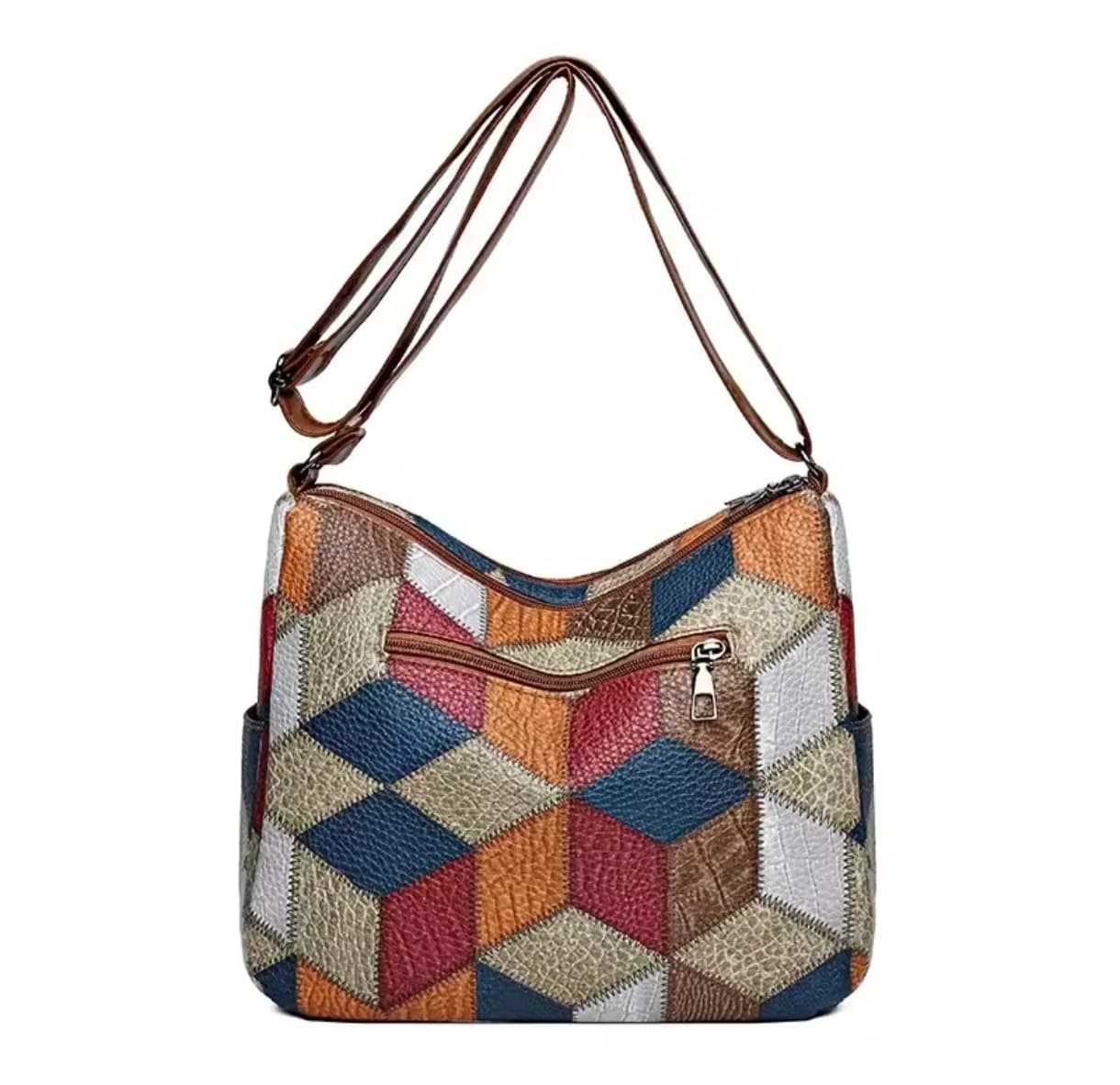 A Stylish Multicolour Leather Crossbody Bag with Multiple Pockets Retro Design