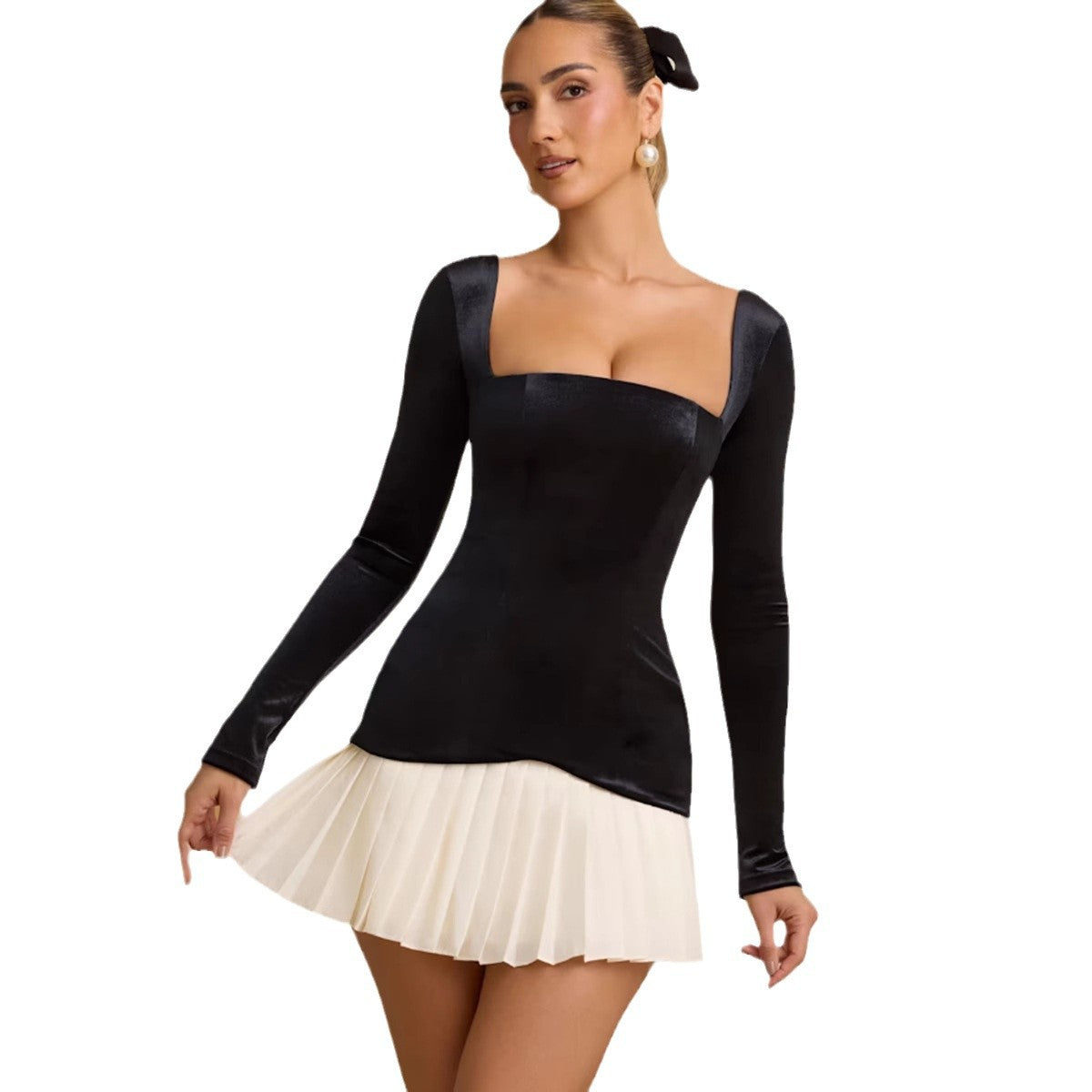 Personality Square Collar Pleated Stitching Skirt Woman