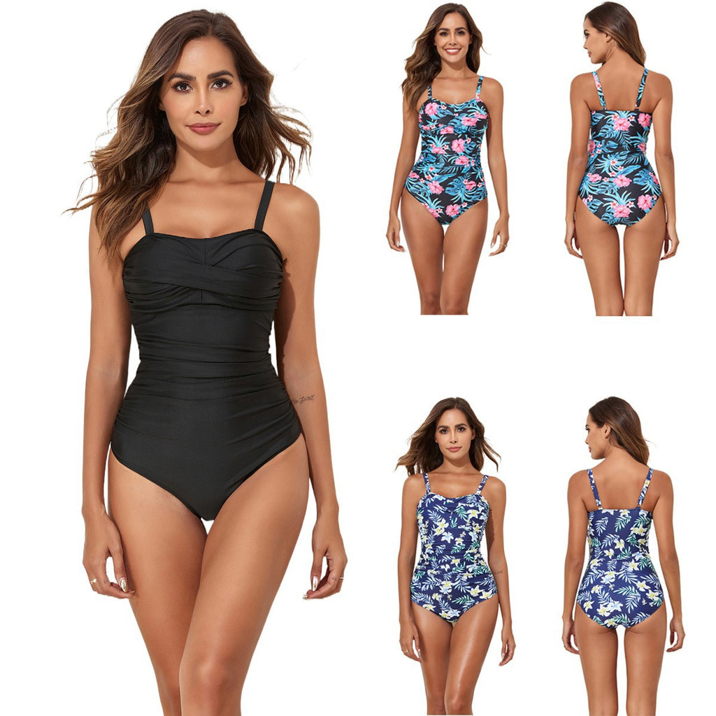 New Swimwear Fashion Conservative Printed Solid Color One Piece Swimsuit