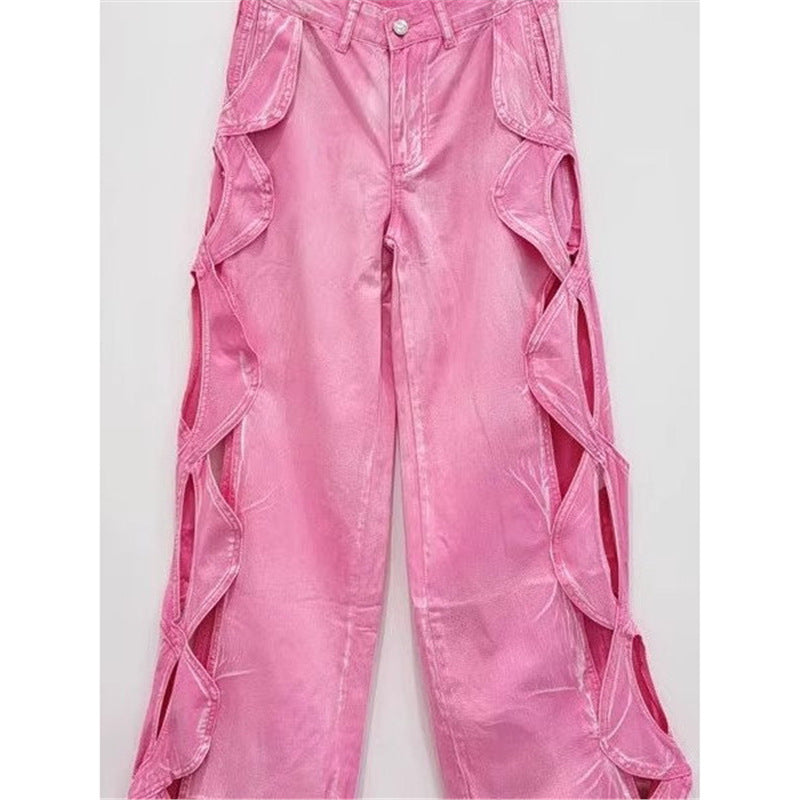 SpringSummer Side-Stranded Braid Ripped Casual Straight-Leg Wide-Leg Denim Jeans