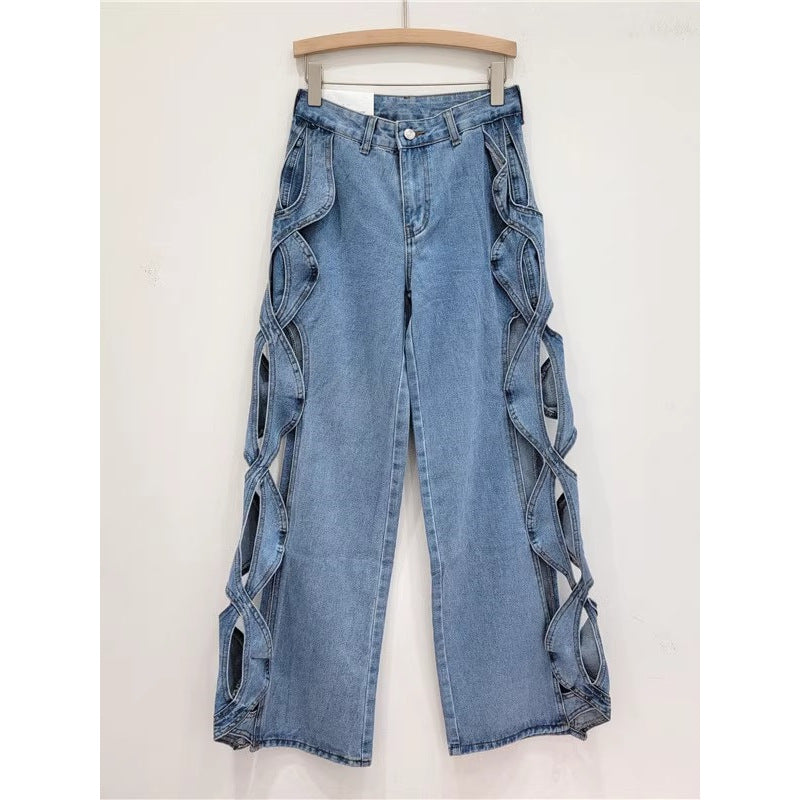 SpringSummer Side-Stranded Braid Ripped Casual Straight-Leg Wide-Leg Denim Jeans