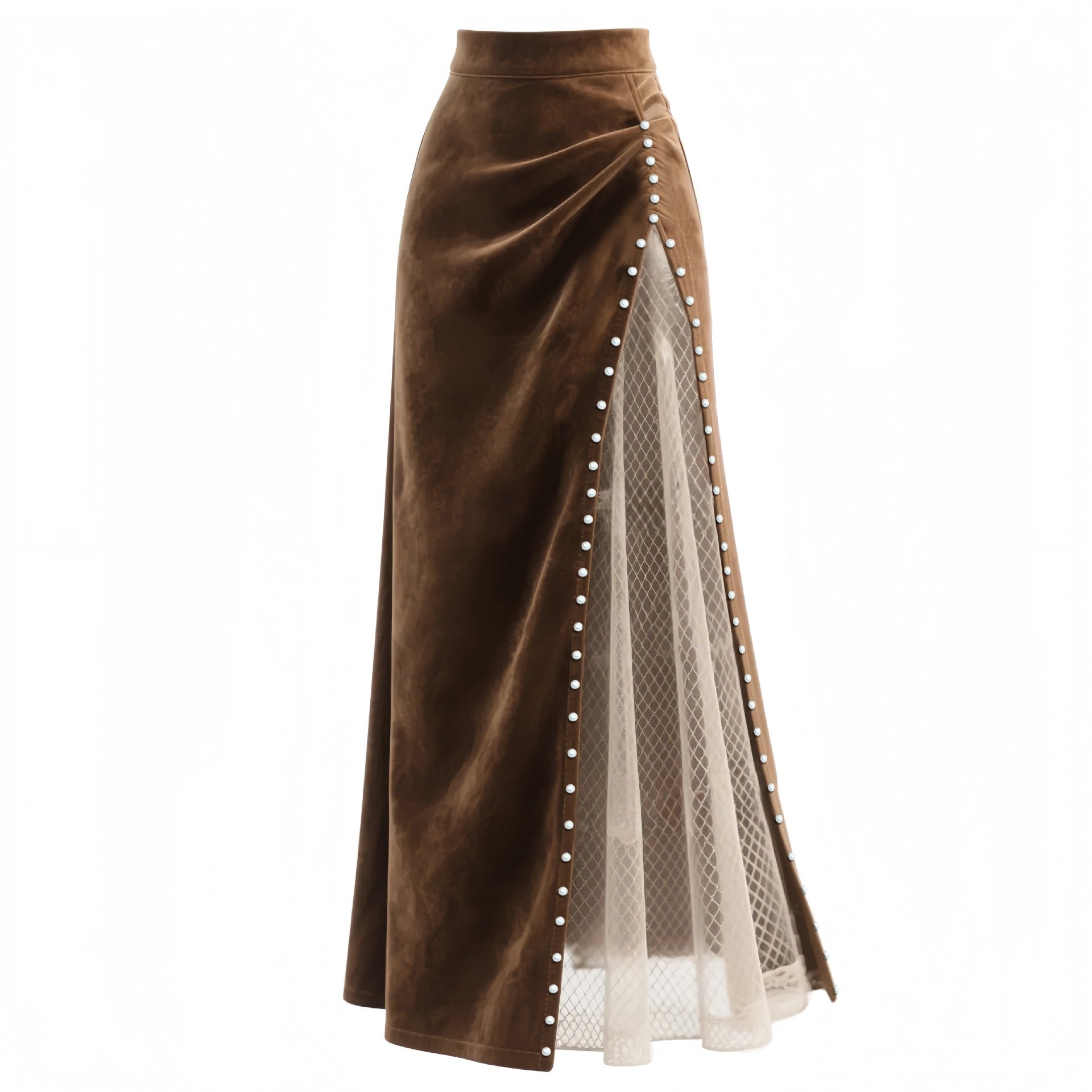 Womens Retro Western Mesh Patchwork Beaded Long Skirt