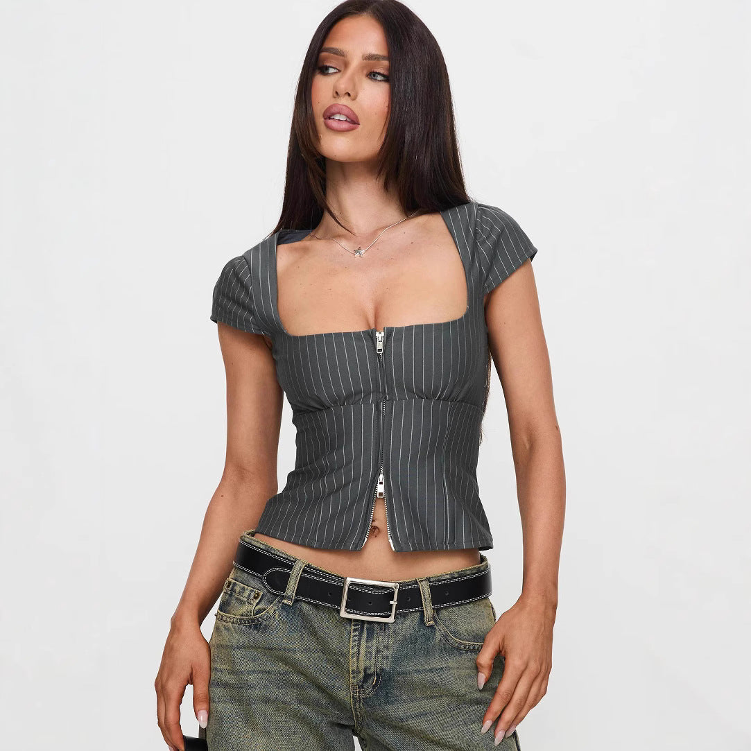 Women's Retro Square-neck Short-sleeve Top With Double Zippers