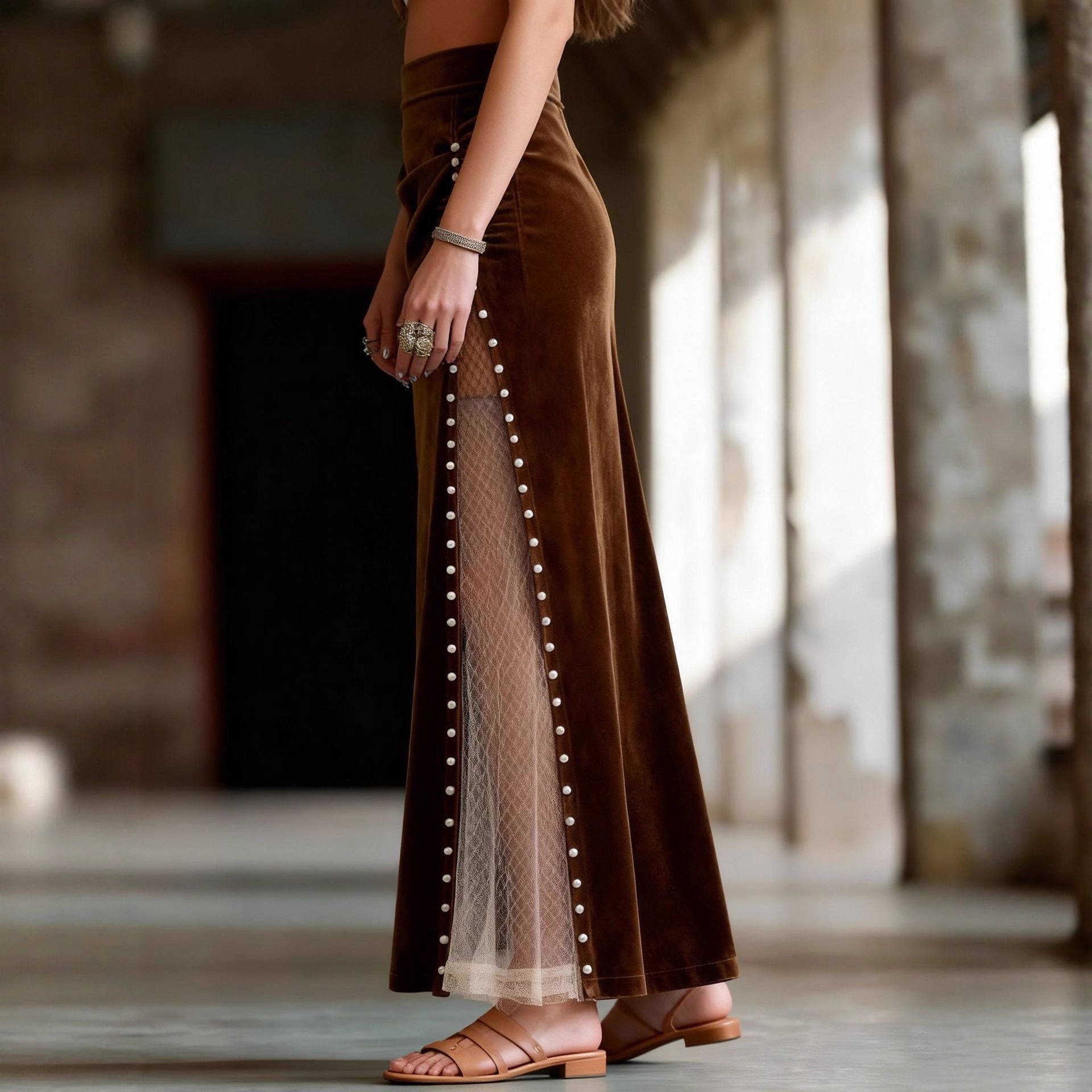 Womens Retro Western Mesh Patchwork Beaded Long Skirt
