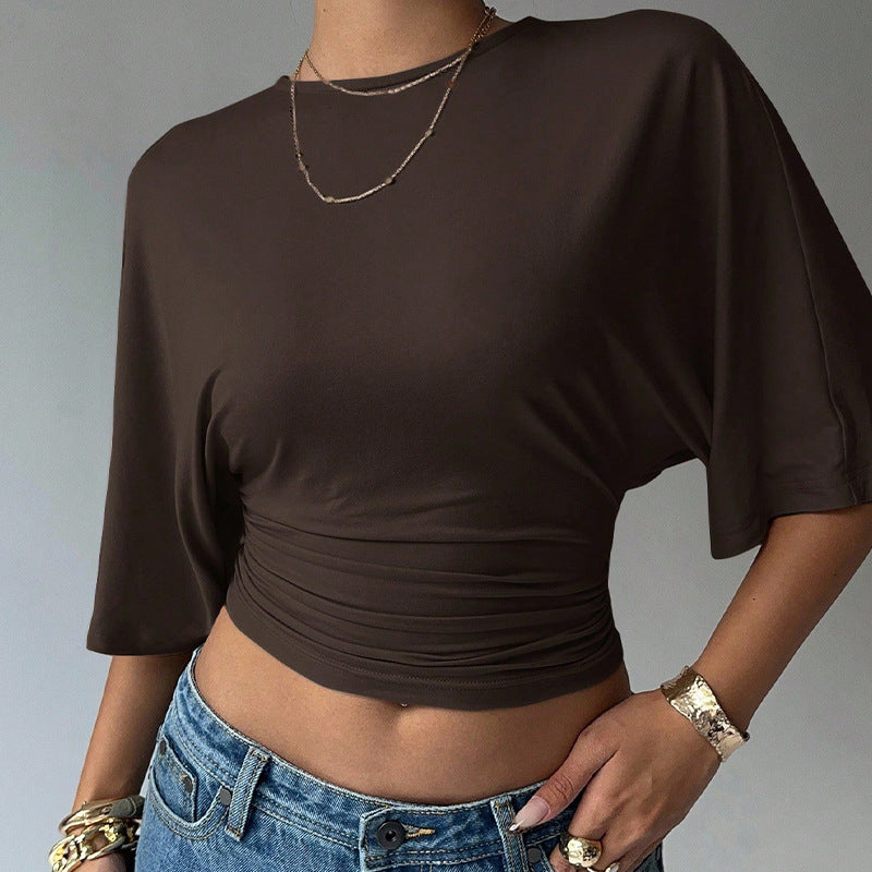 Women's Solid-Color Cropped Mid-sleeve T-shirt Short Fitted Top